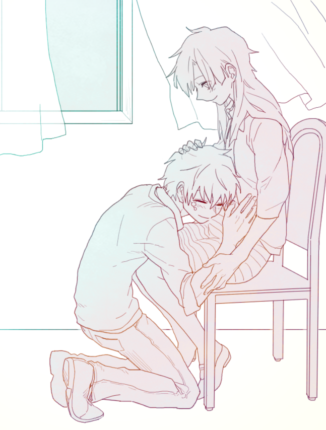 1boy, 1girl, chair, closed_eyes, couple, curtains, enomoto_takane, good_end, hetero, kagerou_project, kangmoro, kokonose_haruka, long_hair, pregnant, short_hair, smile