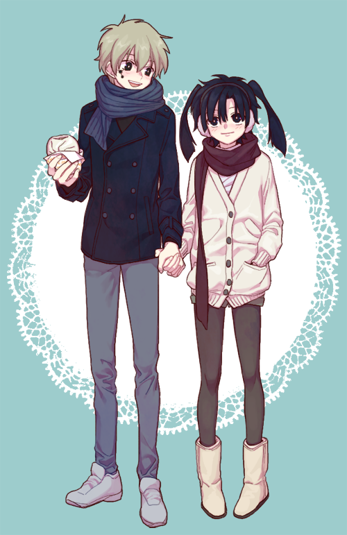 1boy, 1girl, brown_hair, enomoto_takane, facial_mark, food, holding_hands, kagerou_project, kangmoro, kokonose_haruka, long_hair, nikuman, pantyhose, scarf, twintails