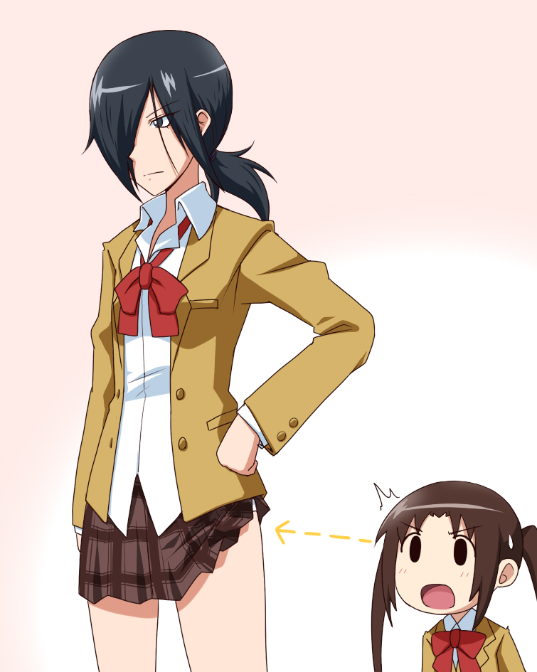 black_hair, brown_hair, goriate, hair_over_one_eye, long_hair, multiple_girls, school_uniform, seitokai_yakuindomo