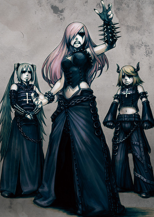 3girls, aqua_hair, behemoth_(band), blonde_hair, bracelet, chain, cross, detached_sleeves