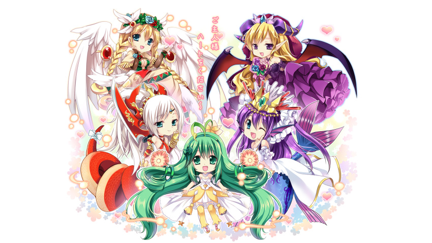 5girls, alraune_(p&amp;d), aqua_eyes, aqua_hair, archangel_(p&amp;d), blonde_hair, blue_eyes, braid