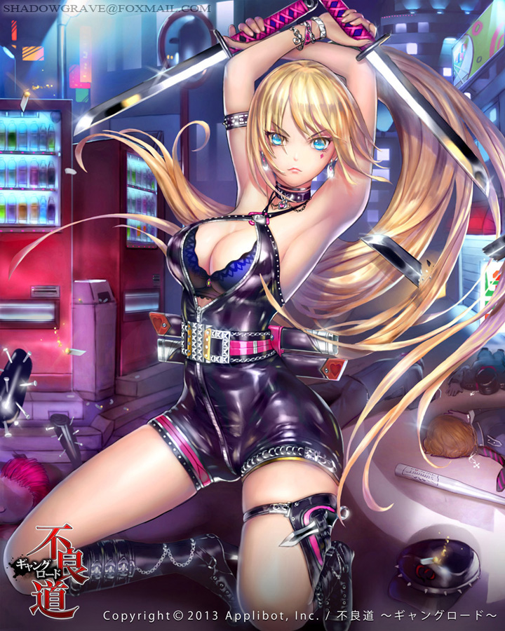 1girl, armband, armpits, arms_up, baseball_bat, blonde_hair, blue_eyes, boots