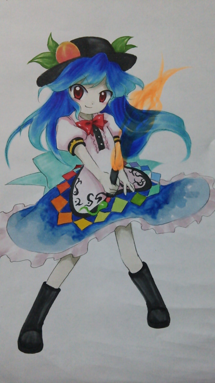 1girl, blue_hair, boots, bow, dress, fire, food, fruit
