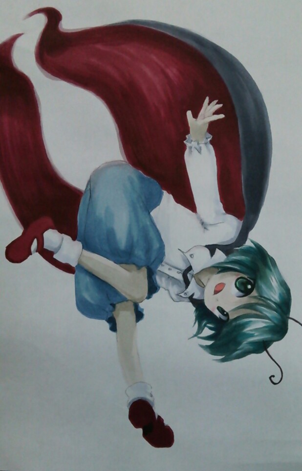 1girl, antennae, cape, dress_shirt, green_eyes, green_hair, long_sleeves, looking_at_viewer