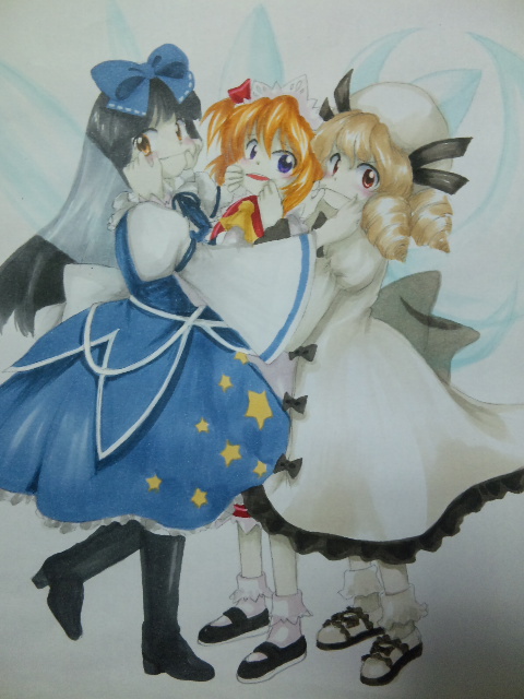 3girls, ascot, black_hair, blonde_hair, boots, bow, brown_eyes, cheek_pinching
