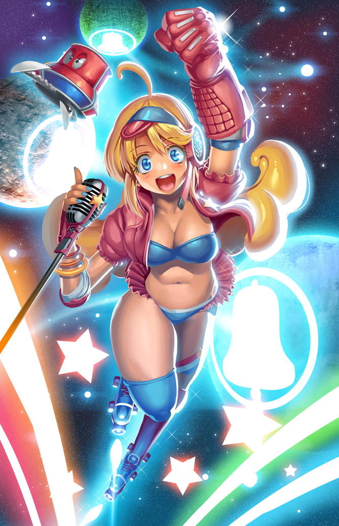 1girl, arm_up, blonde_hair, blue_eyes, blush, breasts, cleavage, gloves