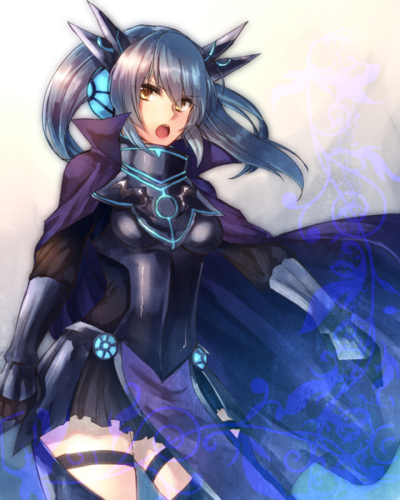 1girl, armor, black_hair, brown_eyes, cape, cardfight!!_vanguard, darkness_maiden_macha, gauntlets, moe_(hamhamham), skirt, solo