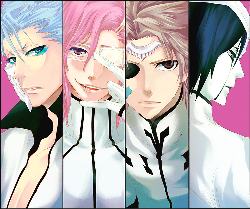 bleach, blue_eyes, blue_hair, brown_eyes, brown_hair, espada, eyepatch, facial_mark