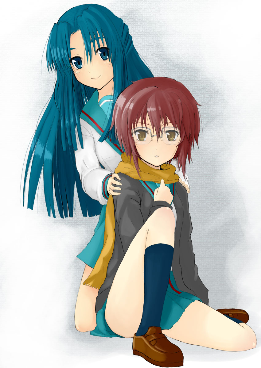 asakura_ryouko, blue_eyes, blue_hair, brown_eyes, cardigan, glasses, highres, long_hair