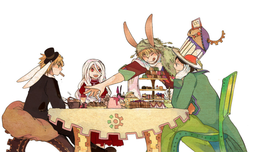 1girl, 3boys, :q, animal_ears, blonde_hair, bowl, broccoli_(arupuru), brown_hair
