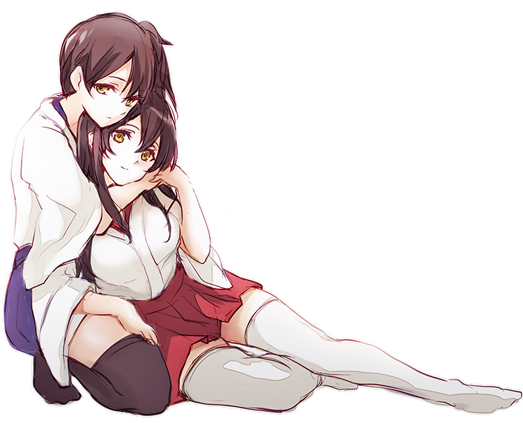 2girls, akagi_(kantai_collection), black_legwear, blush, breasts, brown_eyes, brown_hair, hakama_skirt