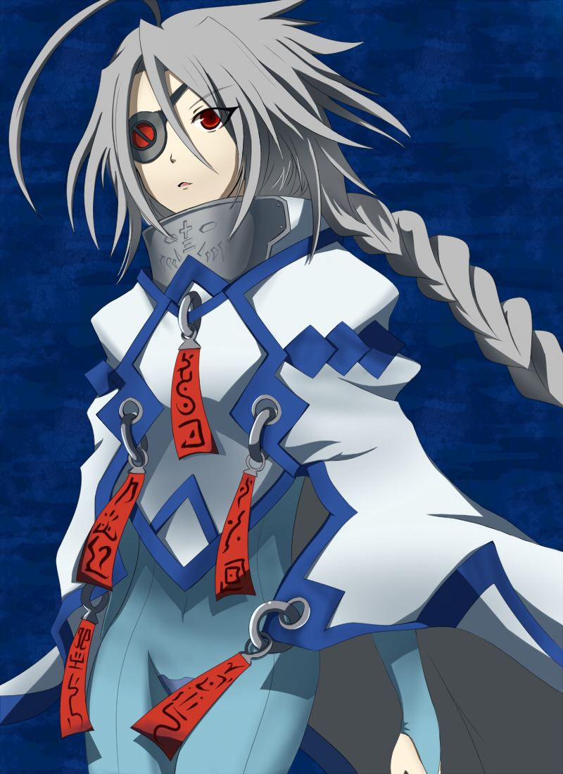 blazblue, braid, eyepatch, grey_hair, nu-13, red_eyes, serushisu_(artist), solo