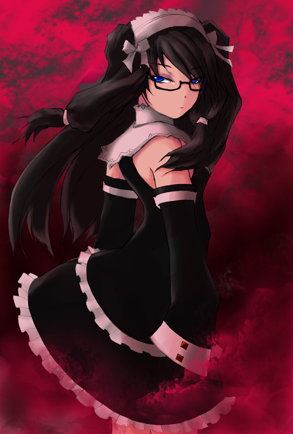 akenoin, bad_id, black_hair, blue_eyes, detached_sleeves, glasses, hyoudou_kiriko, original