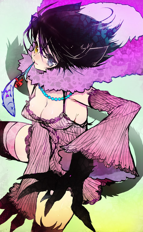 1girl, ati, black_hair, blue_eyes, breasts, claws, cleavage, detached_sleeves