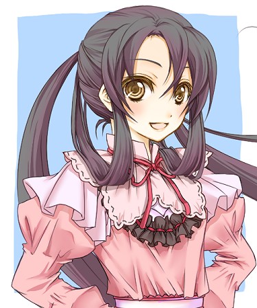 1girl, angelica_derleth, ascot, black_hair, blue_background, hair_rings, hands_on_hips, juliet_sleeves