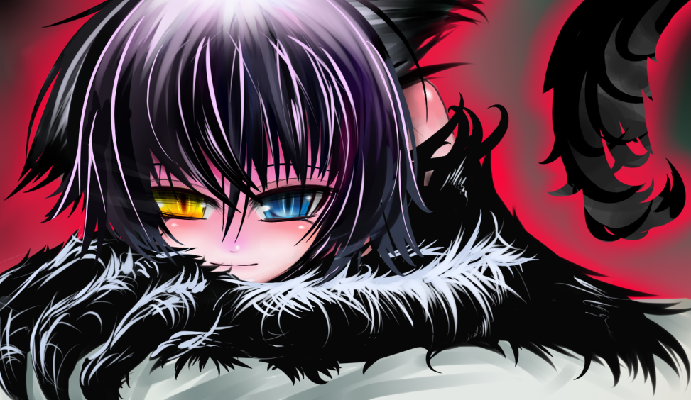 1girl, ati, black_hair, blue_eyes, blush, claws, heterochromia, obakera