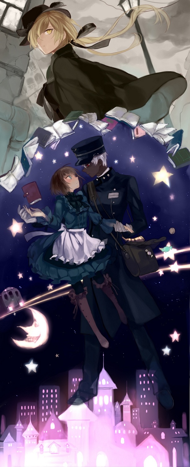 1boy, 2girls, a_(shiei_no_sona-nyl), albino, apron, black_legwear, blonde_hair, blue_eyes