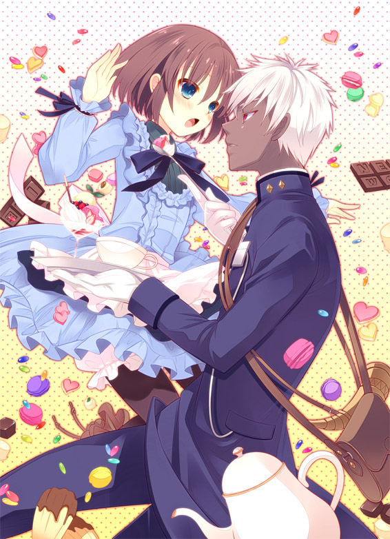 1boy, 1girl, :o, a_(shiei_no_sona-nyl), albino, apron, bag, black_legwear