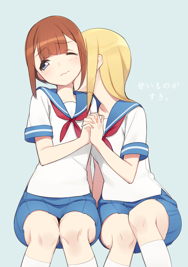 2girls, ayase_arisa, blonde_hair, blue_eyes, brown_hair, holding_hands, interlocked_fingers, kneehighs