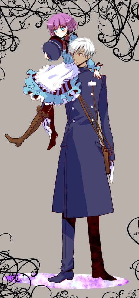 1boy, 1girl, a_(shiei_no_sona-nyl), albino, blue_dress, blue_eyes, boots, carrying