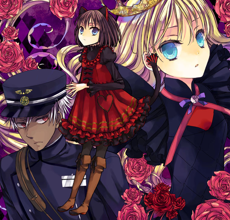 1boy, 2girls, a_(shiei_no_sona-nyl), albino, animal_ears, argyle, argyle_background, bad_id