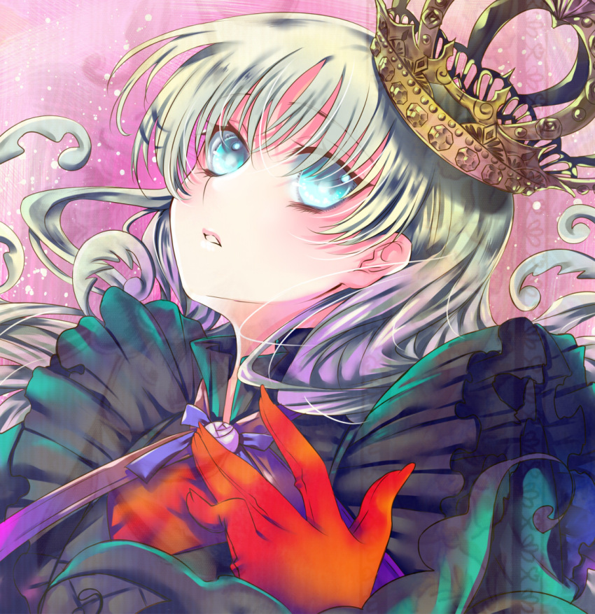 1girl, blonde_hair, blue_eyes, crown, frills, gloves, highres, kiryuu_mina