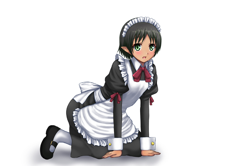1girl, black_hair, cuthfleda, dark_skin, green_eyes, kneeling, lotte_no_omocha!, maid, maid_headdress, natsuzakura_yuuki, pantyhose, pointy_ears, short_hair, solo, tagme, wrist_cuffs