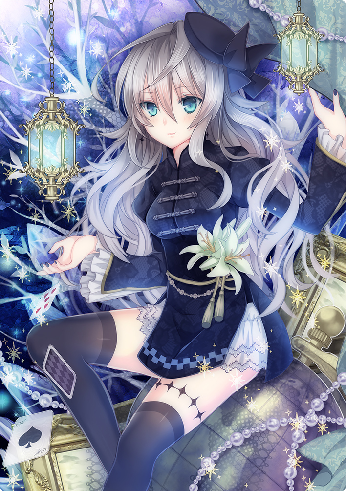 1girl, black_legwear, blue_eyes, breasts, card, dress, flower, globe