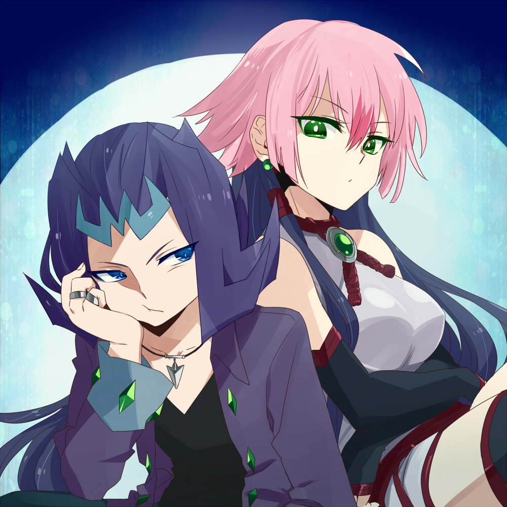 1boy, 1girl, black_gloves, black_hair, black_legwear, blue_eyes, blue_hair, chin_rest, dress, earrings, elbow_gloves, female, flipped_hair, gloves, green_eyes, hair_tubes, jewelry, kamishiro_ryoga, long_hair, luna_(yuu-gi-ou_zexal), male, multicolored_hair, necklace, open_clothes, open_jacket, pendant, pink_hair, purple_hair, ring, saito_katuo, skirt, skirt_set, sleeveless, sleeveless_dress, thigh-highs, two-tone_hair, yuu-gi-ou, yuu-gi-ou_zexal