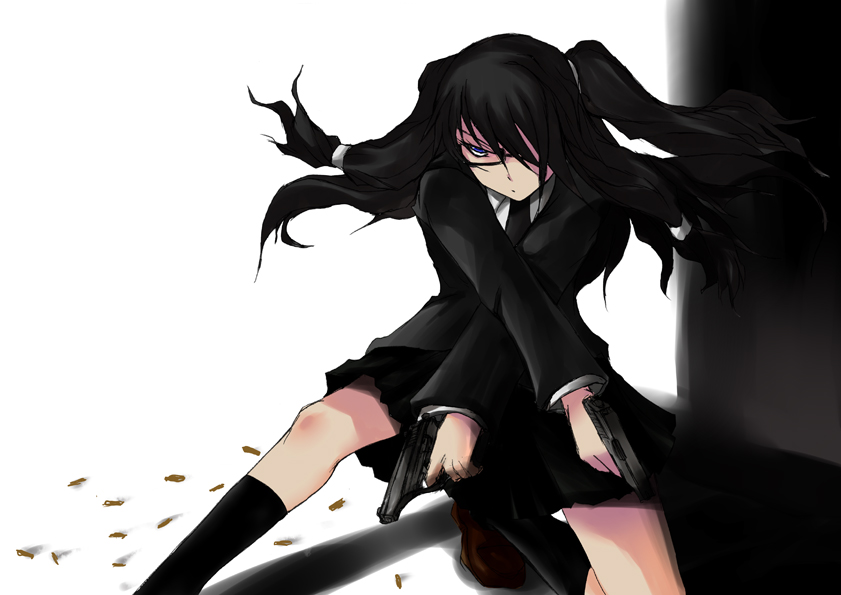 akenoin, bad_id, black_hair, blue_eyes, crossed_arms, dual_wielding, glasses, gun