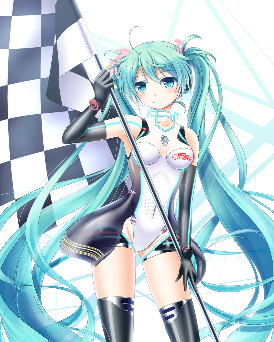 1girl, checkered, checkered_flag, clothed_navel, elbow_gloves, gloves, green_eyes, green_hair