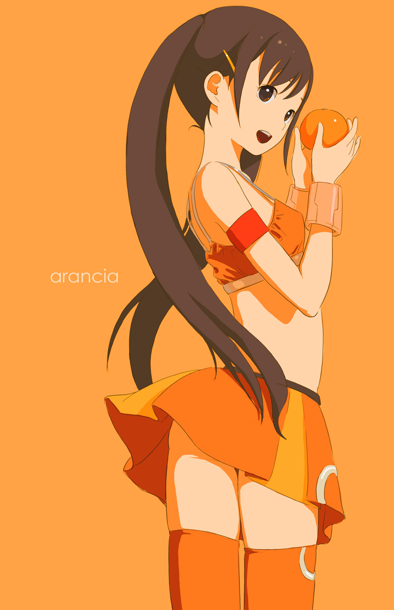 food, fruit, highres, holding, holding_fruit, kokudou_juunigou, midriff, orange