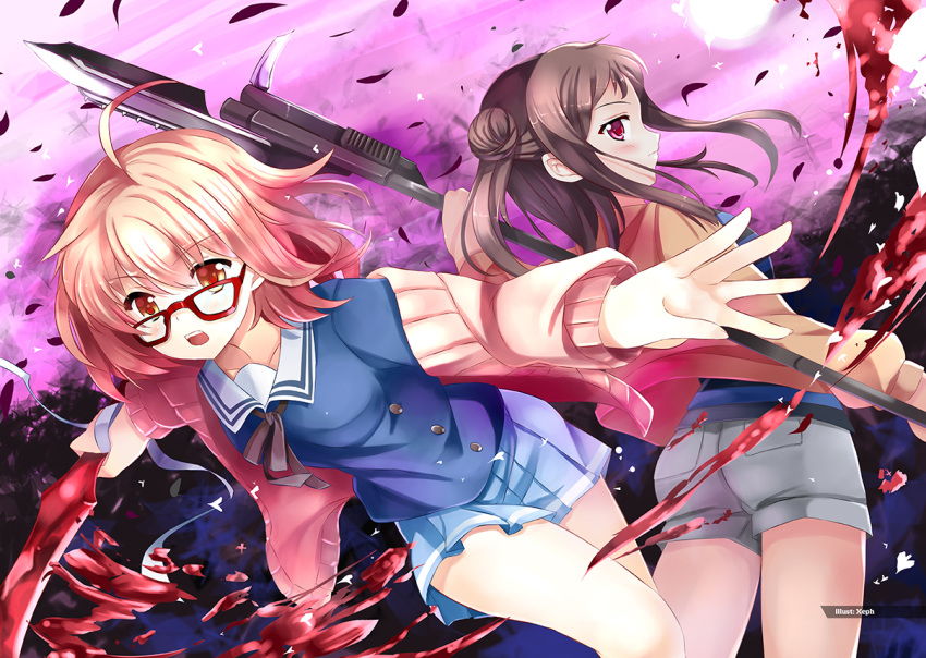 2girls, brown_hair, cardigan, glasses, inami_sakura, kuriyama_mirai, kyoukai_no_kanata, multiple_girls