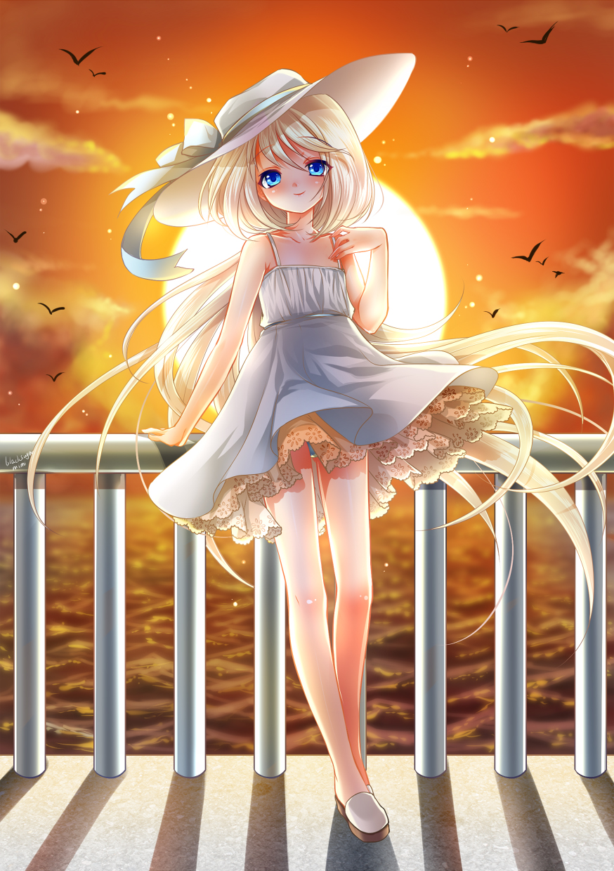 1girl, bare_shoulders, blonde_hair, blue_eyes, dress, hat, highres, kokutou_mimi