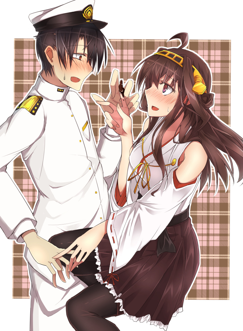 1boy, 1girl, admiral_(kantai_collection), ahoge, bare_shoulders, black_hair, black_legwear, blush