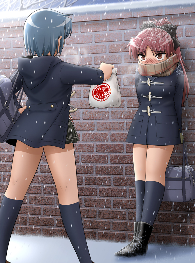 2girls, arms_behind_back, bag, blue_hair, blush, chinese_food, coat, long_hair