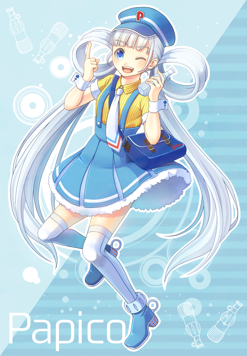 1girl, bag, blue_background, blue_dress, blue_eyes, boots, character_name, dress
