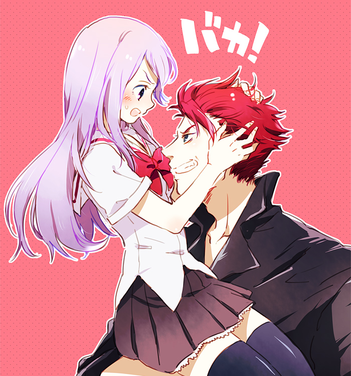 1boy, 1girl, blush, couple, embarrassed, guttary, happy, himekawa_elena, leather, leather_jacket, long_hair, looking_at_another, phi_brain_puzzle_of_god, purple_hair, redhead, ribbon, sakanoue_gammon, school_uniform, serafuku, shirt, short_hair, skirt, smile, spiky_hair, thighhighs, thighs, translation_request