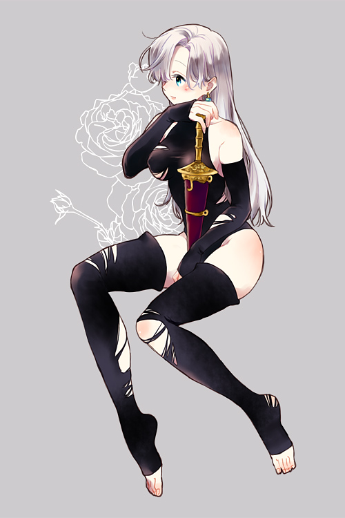 1girl, bare_shoulders, black_gloves, black_legwear, blue_eyes, blush, detached_sleeves, earrings