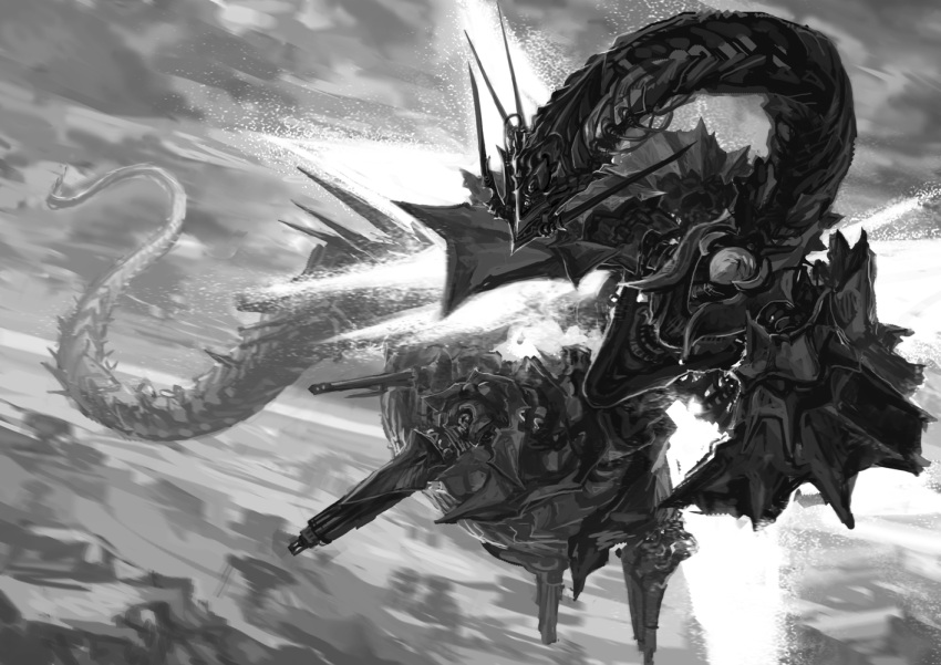 clouds, dragon, flying, from_above, greyscale, kuro_dora, mecha, monochrome