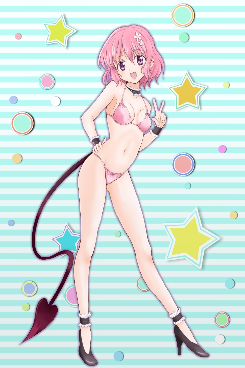 1girl, ankle_cuffs, bikini, choker, demon_tail, high_heels, highres, kinfuji