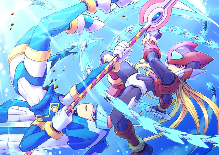 blonde_hair, blood, blue_eyes, helmet, leviathan_(rockman), mega_man_(series), mega_man_zero_(series), nasu_(roda_de_estrela)