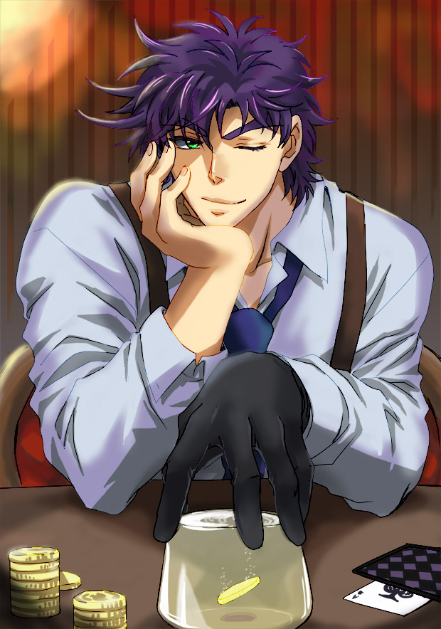1boy, black_hair, card, chin_rest, coin, green_eyes, jojo_no_kimyou_na_bouken, joseph_joestar_(young)
