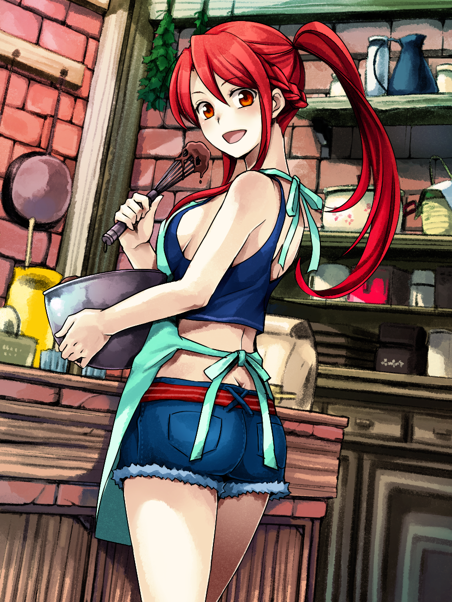 1girl, :d, apron, bare_shoulders, braid, breasts, brown_eyes, chocolate, cutoffs, denim, denim_shorts, highres, mixing_bowl, open_mouth, ponytail, racoona_sheldon, redhead, sekaiju_no_meikyuu, shin_sekaiju_no_meikyuu, shorts, sideboob, smile, solo, tank_top, tubameraamen, whisk