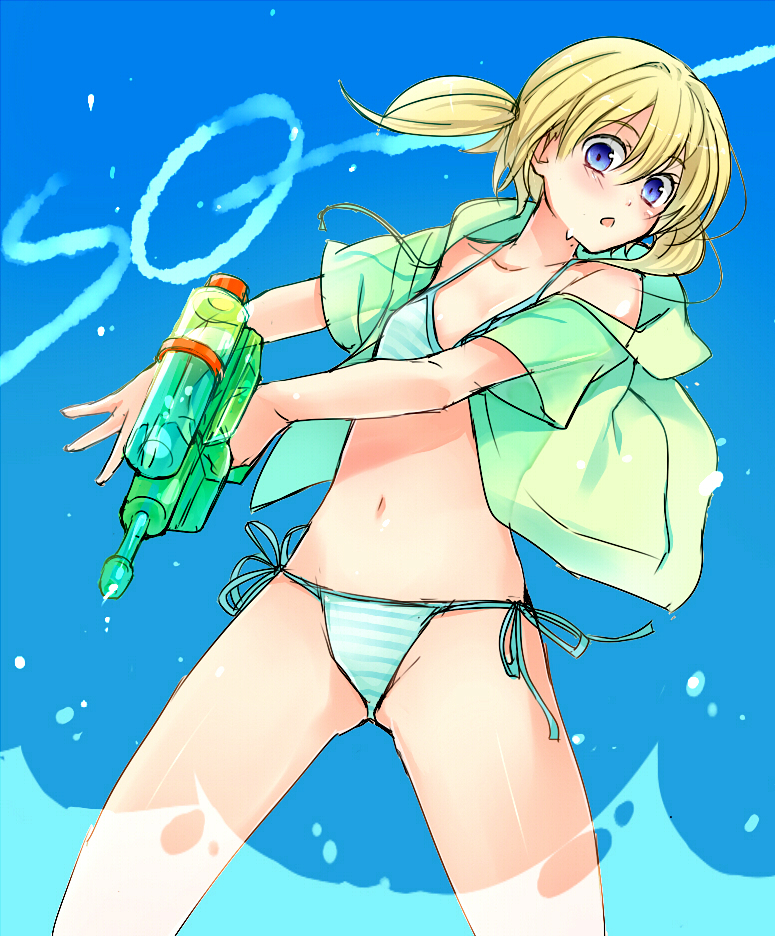 1girl, bikini, blonde_hair, blue_eyes, frederica_irving, navel, open_clothes, open_shirt