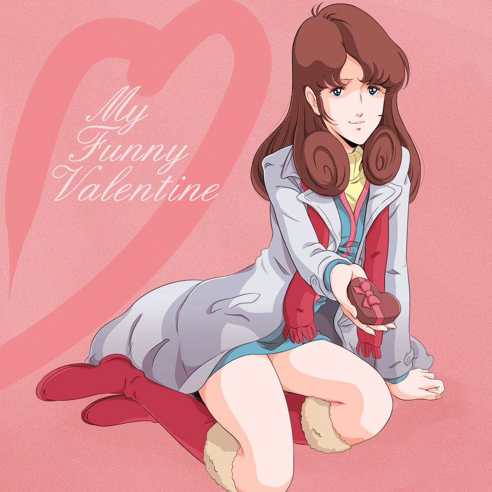 1girl, 80s, blue_eyes, boots, brown_hair, choujikuu_yousai_macross, coat, dress, gift, giving, hayase_misa, heart, jacket, long_hair, looking_at_viewer, macross, macross:_do_you_remember_love?, official_style, oldschool, skirt, valentine, waeba_yuusee