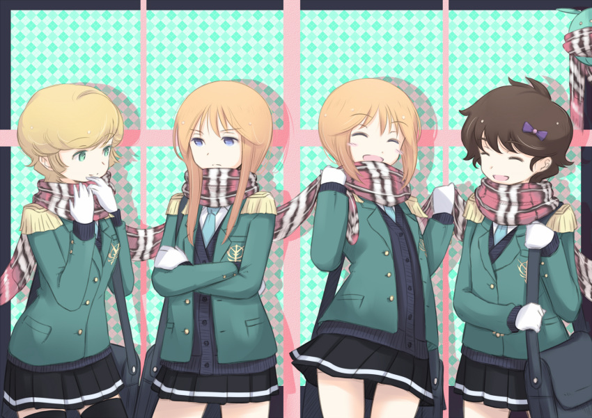 4girls, argyle, argyle_background, audrey_burne, bag, blue_eyes, blush_stickers, bow