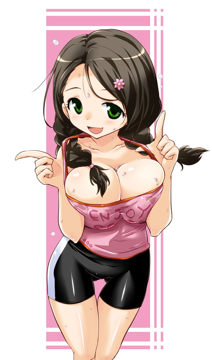 1girl, akanishi_erika, bike_shorts, black_hair, braid, breasts, cleavage, dripping