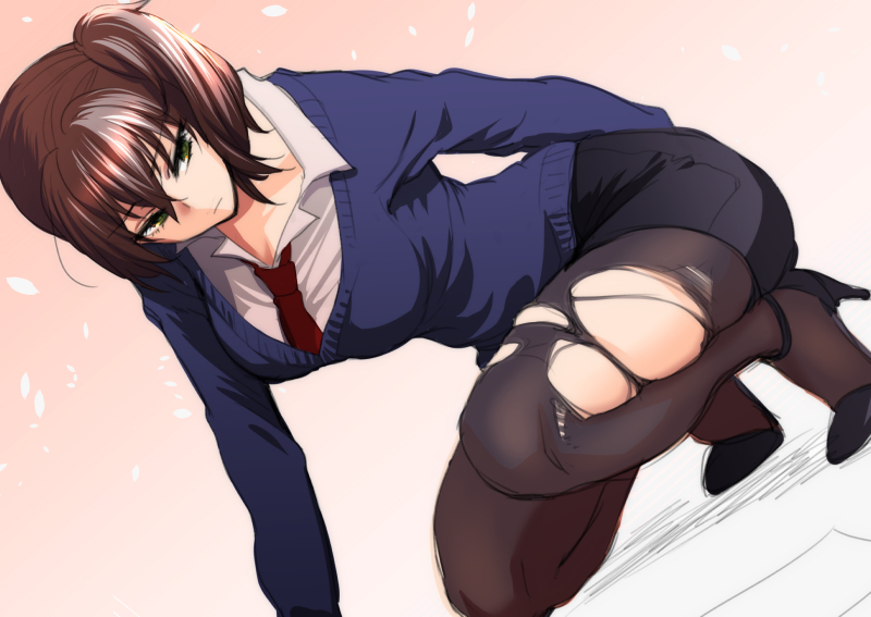 1girl, alternate_costume, black_legwear, blush, breasts, brown_hair, high_heels, kaga_(kantai_collection)