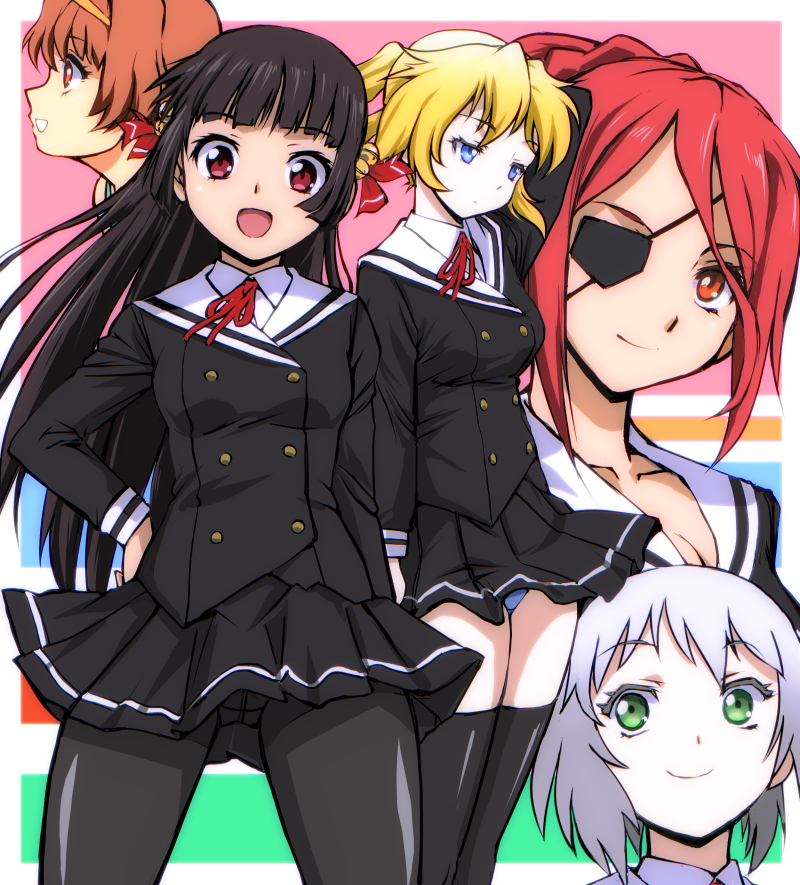 5girls, bell, black_hair, black_legwear, blonde_hair, blue_eyes, breasts, brown_eyes